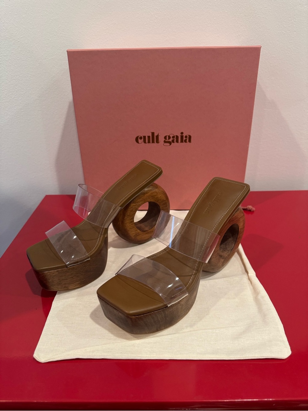 cult gaia Brown Platform Sandals with Clear Straps